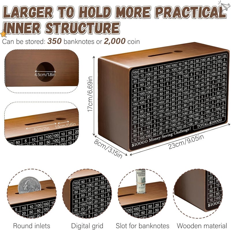 Gomyrod Wooden Money Saving Box, Cash Vault Savings Box for $10000 $5000 $3000 $1000 $800 $500 Target Money Saving Challenge, Reusable Money Box with Counter, Dry Erase Pen/Savings Trackers/Rubber Band-Brown - Image 2
